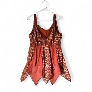Y2K Orange Babydoll Animal Print Handkerchief Hem Lace Trim Boho Tank Top Womens